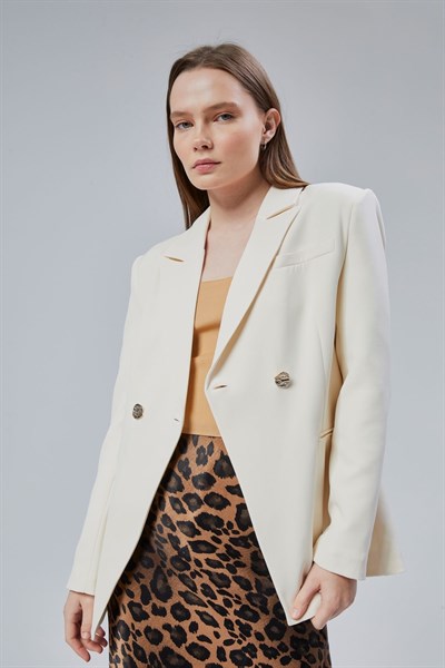 Ekru Regular Fit Yırtmaç Detaylı Blazer Ceket
