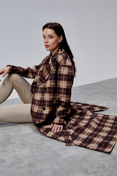 Elora Kahverengi Ekose Detaylı Premium Oversize Trençkot 46650