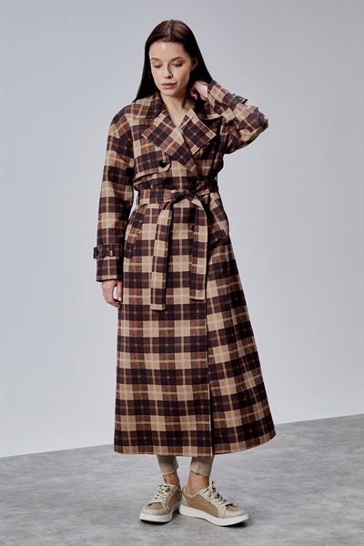 Elora Kahverengi Ekose Detaylı Premium Oversize Trençkot 46650