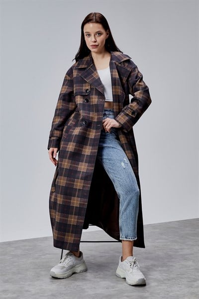 Elora Lacivert Ekose Detaylı Premium Oversize Trençkot 46650