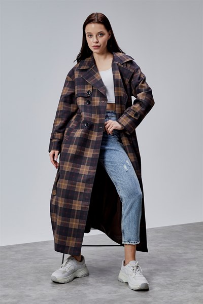 Elora Lacivert Ekose Detaylı Premium Oversize Trençkot 46650