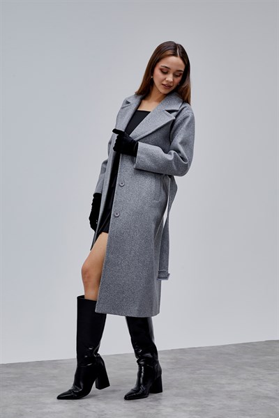 Gri Premium Oversize Kemerli Kaşe Kaban