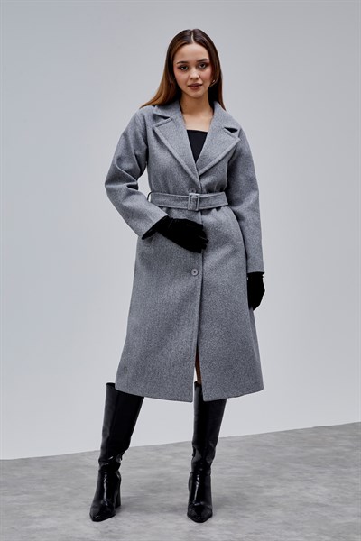 Gri Premium Oversize Kemerli Kaşe Kaban