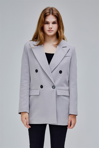 Gri Regular Astarlı Kruvaze Kapama Dokuma Oversize Blazer Ceket