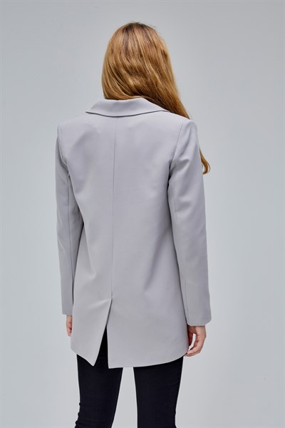 Gri Regular Astarlı Kruvaze Kapama Dokuma Oversize Blazer Ceket