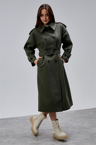 Haki Kuşaklı Oversize Kaşe Kaban 44577 