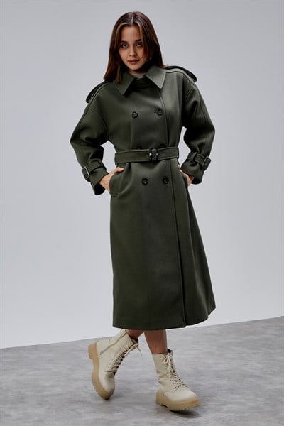 Haki Kuşaklı Oversize Kaşe Kaban 44577 