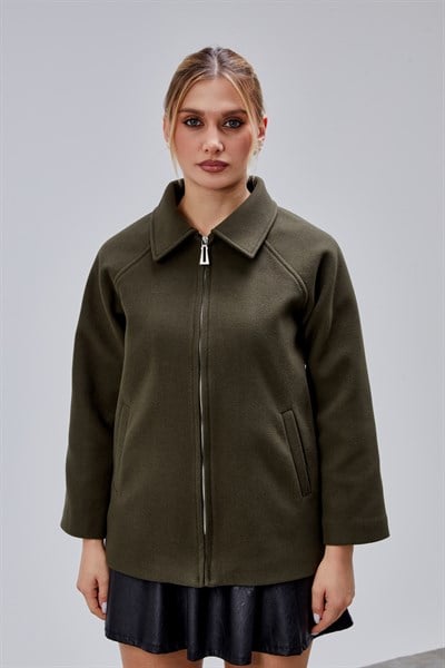 Haki Oversize Fermuarlı Kaşe Ceket