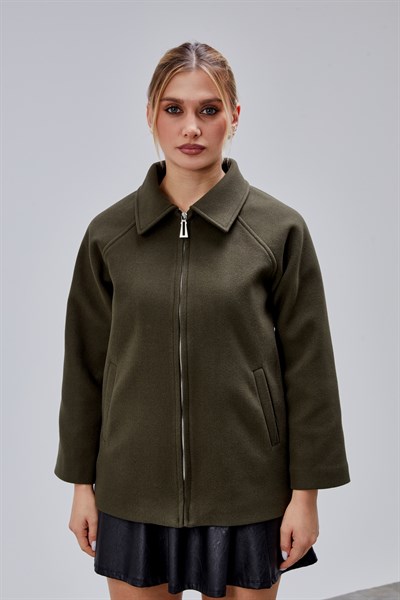 Haki Oversize Fermuarlı Kaşe Ceket
