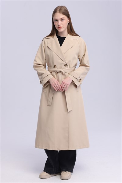 Kadın Bej Oversize Trençkot Astarlı Mevsimlik Trençkot
