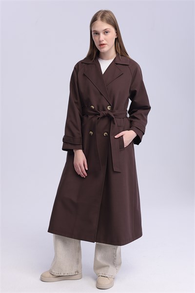 Kadın Kahverengi Oversize Trençkot Astarlı Mevsimlik Trençkot