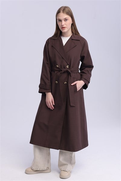 Kadın Kahverengi Oversize Trençkot Astarlı Mevsimlik Trençkot