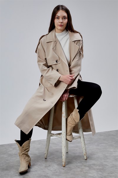 Kadın Oversize Astarlı Uzun Trençkot