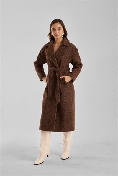 Kahverengi Buklet Kaşe Oversize Kaban