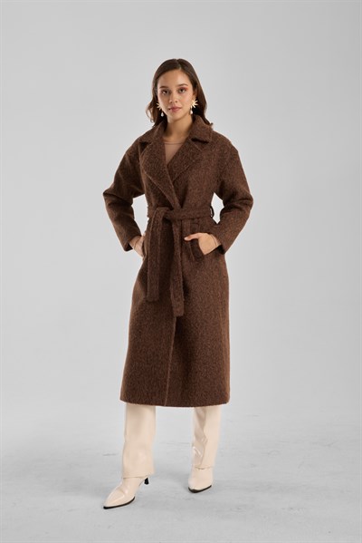 Kahverengi Buklet Kaşe Oversize Kaban