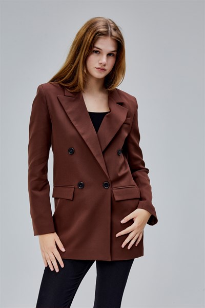Kahverengi Regular Astarlı Kruvaze Kapama Dokuma Oversize Blazer Ceket