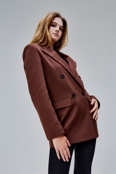 Kahverengi Regular Astarlı Kruvaze Kapama Dokuma Oversize Blazer Ceket