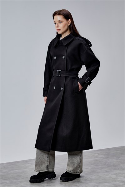 Kuşaklı Oversize Kaşe Kaban