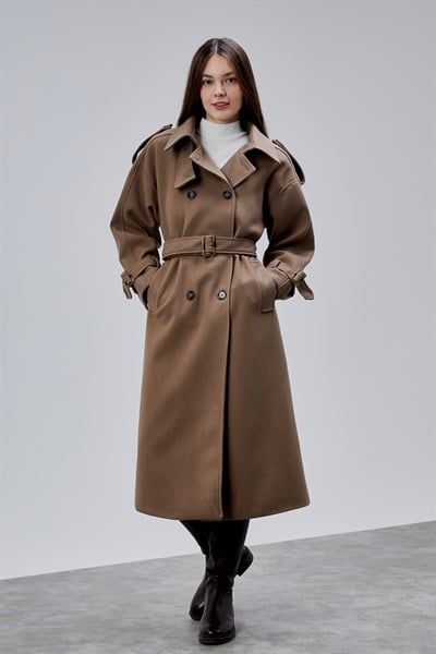 Kuşaklı Oversize Kaşe Kaban