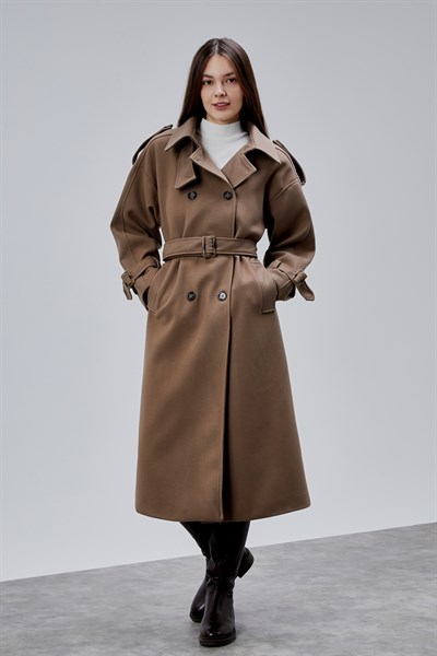 Kuşaklı Oversize Kaşe Kaban