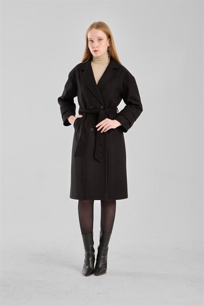 Kuşaklı Oversize Kaşe Kaban