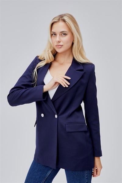Lacivert Oversize Dokuma Blazer Ceket