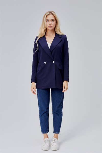 Lacivert Oversize Dokuma Blazer Ceket