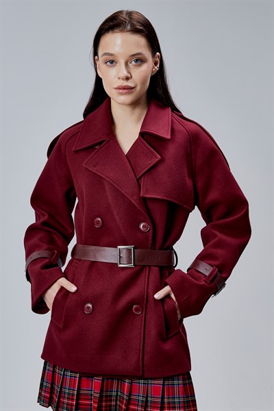 Lina Bordo Regular Fit Premium Kemerli Kaşe Ceket