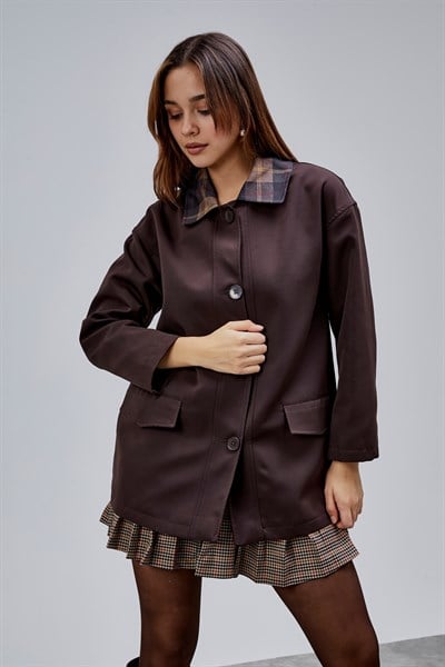 Mia Acı Kahve Ekose Yaka Cepli Oversize Trençkot