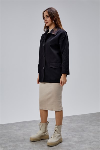 Mia Siyah Ekose Yaka Cepli Oversize Trençkot