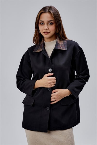 Mia Siyah Ekose Yaka Cepli Oversize Trençkot