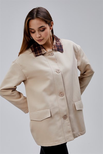 Mia Vizon Ekose Yaka Cepli Oversize Trençkot