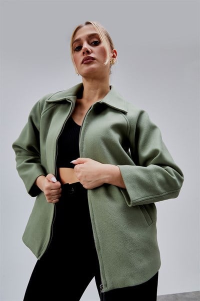 Mint Oversize Fermuarlı Kaşe Ceket