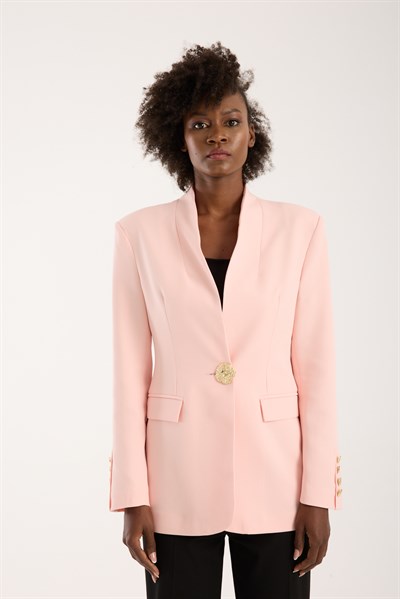 Pembe Salaş Kesim Düğme Detaylı Dokuma Blazer Ceket
