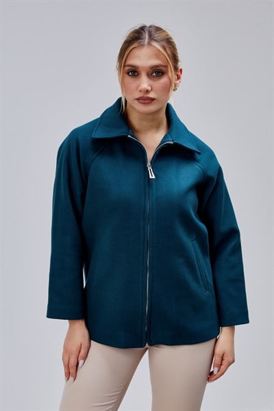 Petrol Mavi Oversize Fermuarlı Kaşe Ceket