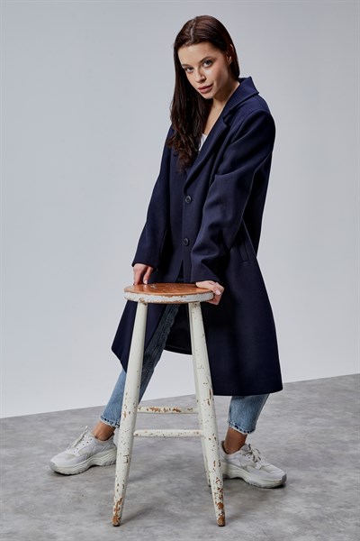 Rosalia Lacivert Oversize Kruvaze Kaşe Kaban
