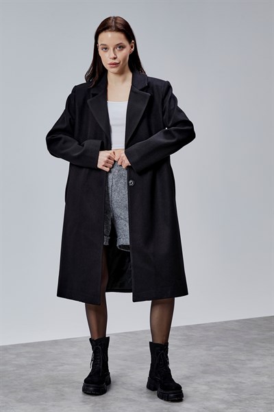 Rosalia Siyah Oversize Kruvaze Kaşe Kaban