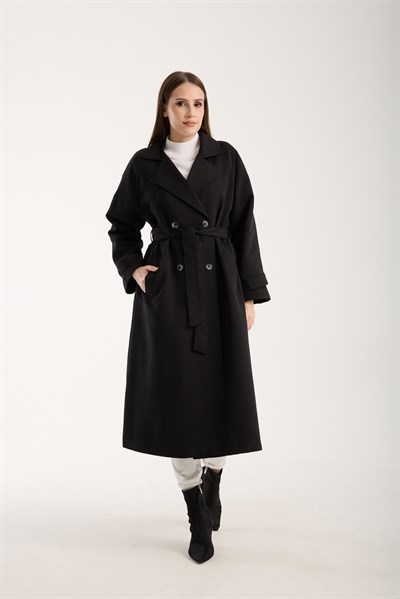 Siyah Kemerli Oversize Astarlı Trençkot 46159