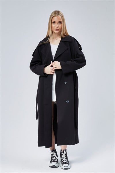 Siyah Oversize Astarlı Uzun Trençkot