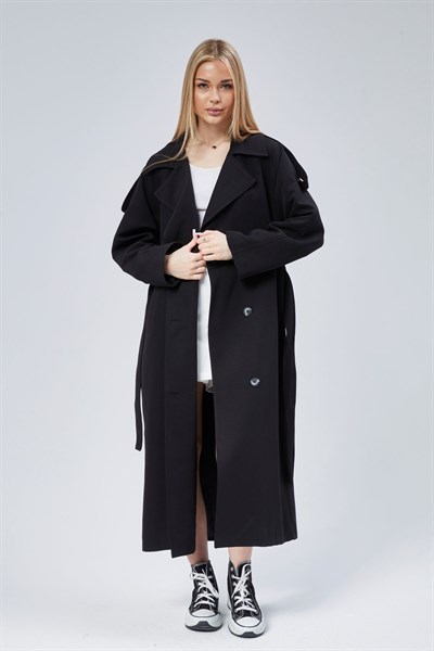 Siyah Oversize Astarlı Uzun Trençkot