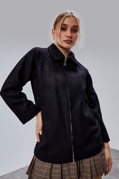 Siyah Oversize Fermuarlı Kaşe Ceket