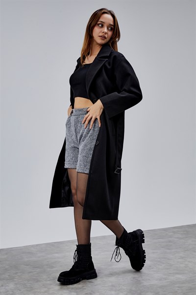 Siyah Premium Oversize Kemerli Kaşe Kaban