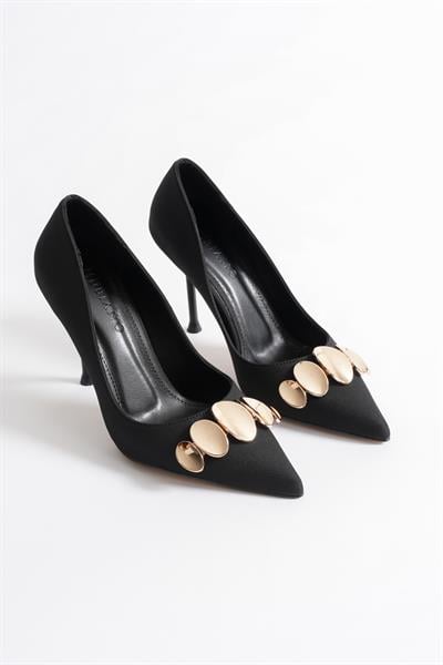 Aveline Kadın Siyah Nubuk Gold Aksesuarlı Sivri Burun Yüksek İnce Topuklu Ayakkabı Stiletto (9.5CM) 
