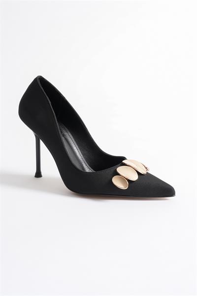 Aveline Kadın Siyah Nubuk Gold Aksesuarlı Sivri Burun Yüksek İnce Topuklu Ayakkabı Stiletto (9.5CM) 