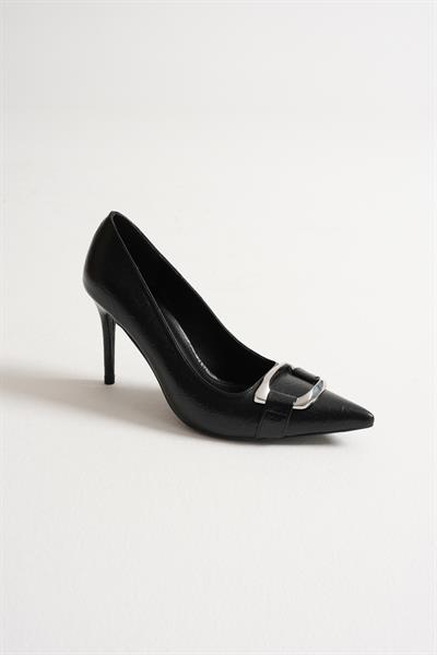 Corine Kadın Siyah Metal Aksesuarlı Sivri Burun Yüksek İnce Topuklu Ayakkabı Stiletto  (9 CM)