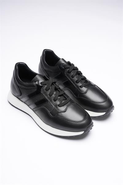 Erkek Hakiki Deri Sneaker Rugan Detaylı Siyah Miro