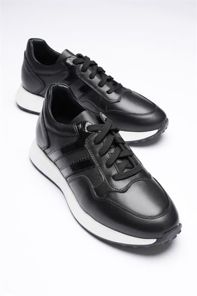 Erkek Hakiki Deri Sneaker Rugan Detaylı Siyah Miro