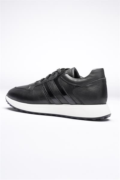 Erkek Hakiki Deri Sneaker Rugan Detaylı Siyah Miro
