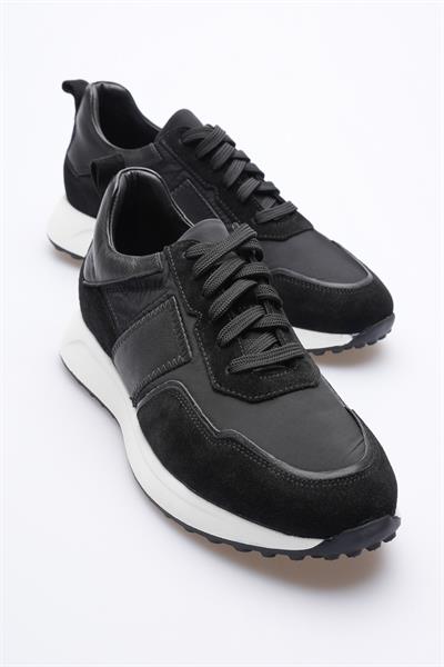 Erkek Hakiki Deri Süet Sneaker Paraşüt Detaylı Siyah Zerox