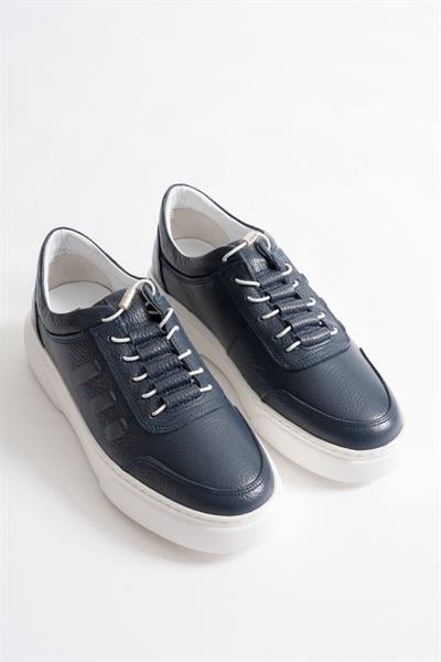 Eryon Erkek Lacivert Hakiki Deri Casual Sneaker Lastik Detaylı Ayakkabı